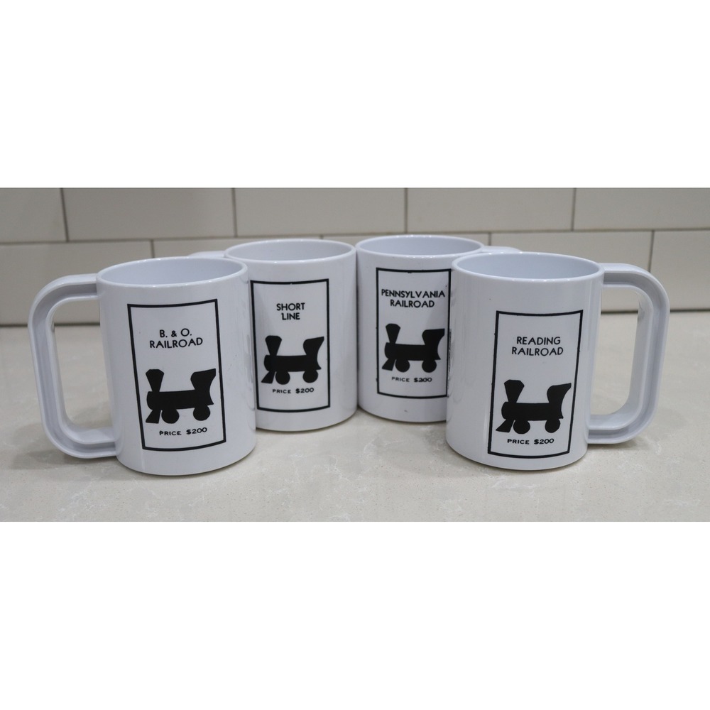 Vintage Ingrid Monopoly Railroad Mugs Set of 4 White Plastic Stackable